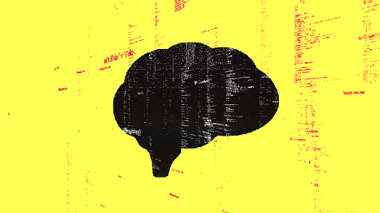 A black silhouette of a brain on a yellow background representing artificial intelligence.