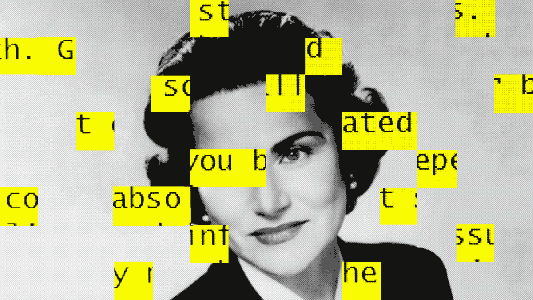 A black and white photo of the advice columnist known as 'Dear Abby' with generative text collage elements.