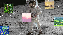 A photo of Buzz Aldrin on the moon with 5 moving images relating to climate change collaged on top.