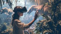 A woman wearing a virtual reality headset in a jungle.